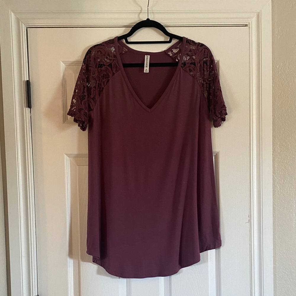 Zenana Elegant Lace Sleeve V-Neck Blouse - Plum
